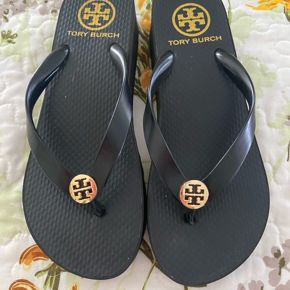 Tory Burch Black Sandals with Gold Emblem